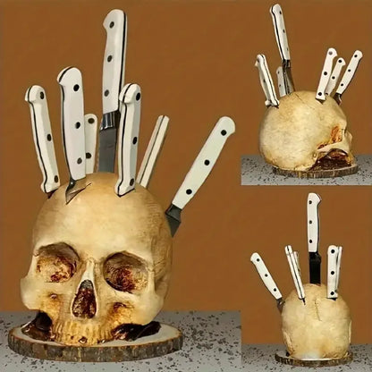 Creative Kitchen Knife Holder Skull Stand, Horror Atmosphere Desktop Decor for Halloween Party, Gothic Skull Knife Rack