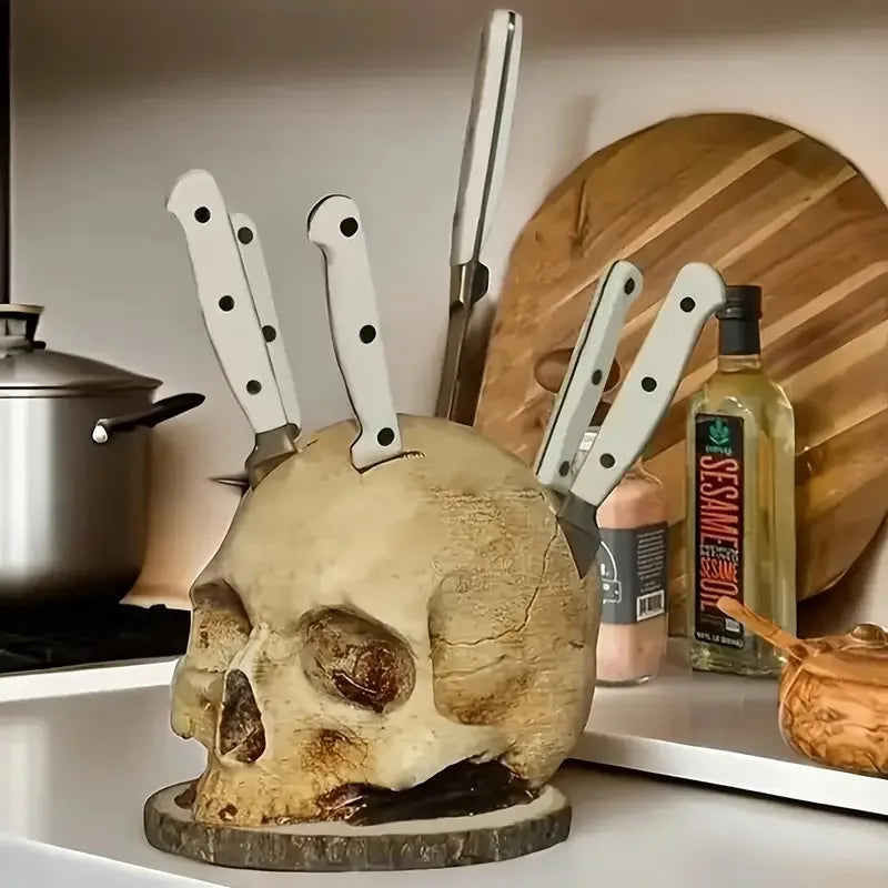 Creative Kitchen Knife Holder Skull Stand, Horror Atmosphere Desktop Decor for Halloween Party, Gothic Skull Knife Rack