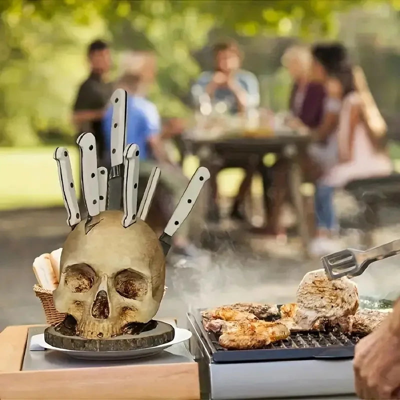 Creative Kitchen Knife Holder Skull Stand, Horror Atmosphere Desktop Decor for Halloween Party, Gothic Skull Knife Rack