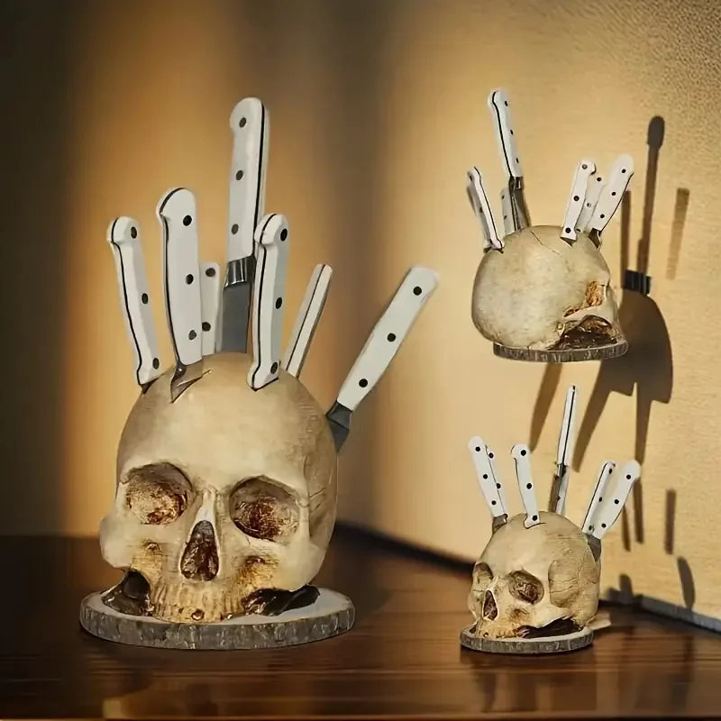 Creative Kitchen Knife Holder Skull Stand, Horror Atmosphere Desktop Decor for Halloween Party, Gothic Skull Knife Rack